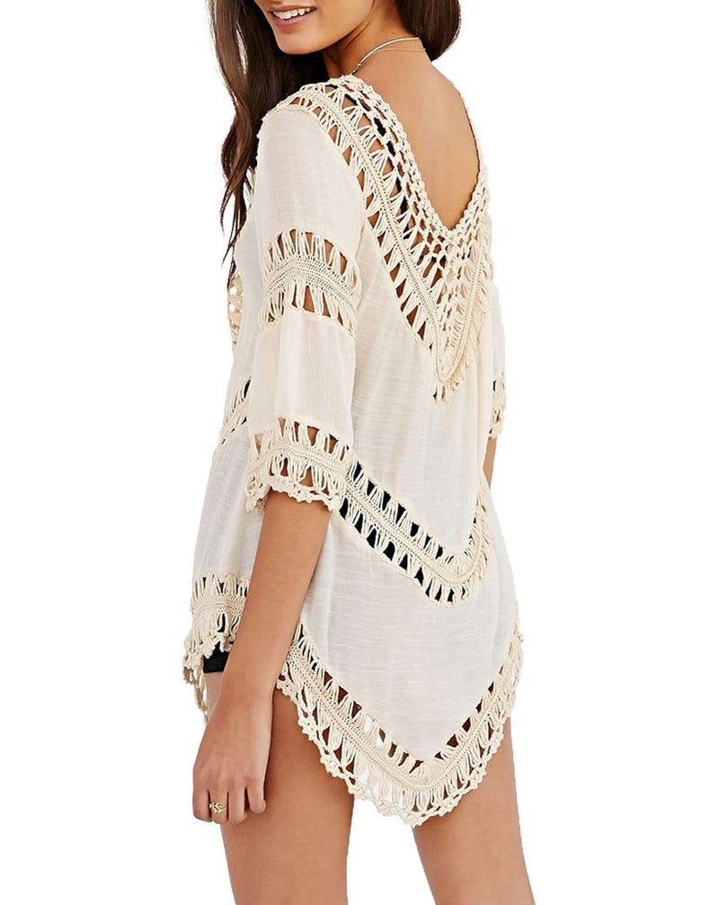 Vanbuy Crochet Lace Swimsuit Shirt Womens Shirts Cover Ups for Swimwear Long Sleeve Beach Essentials Crochet Bikini Cover Up Beige - Image 2